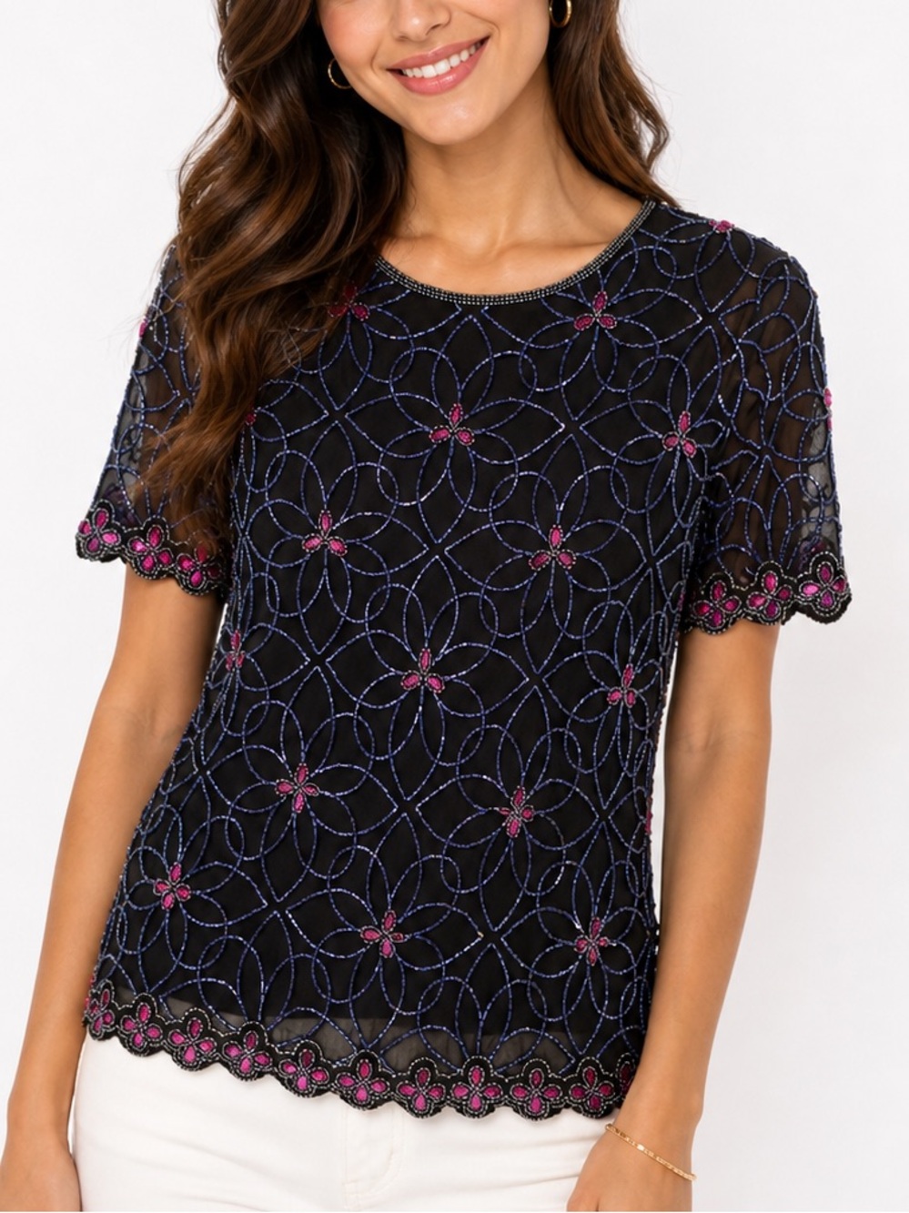 Stenay 100% Silk Size Small Beaded Embellished Black w Blue & Pink‎ Top Vintage